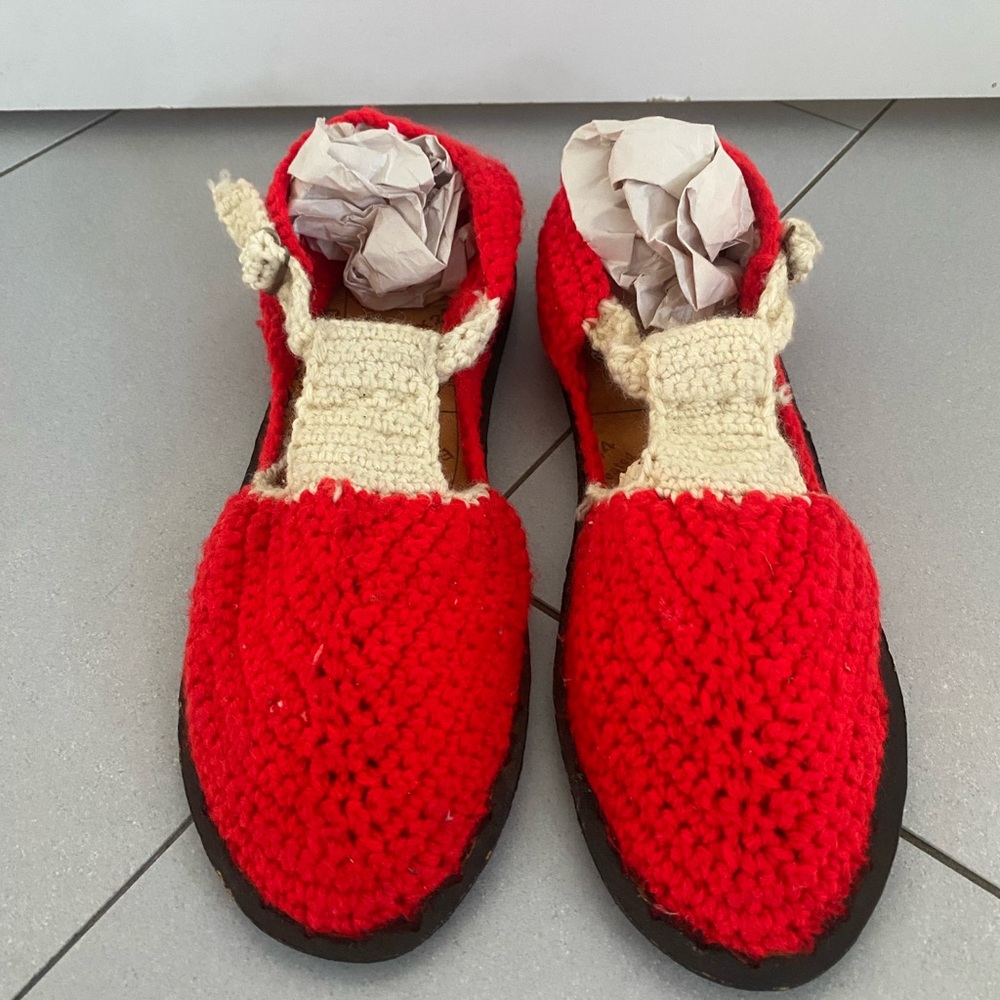 Red knit slip ons
